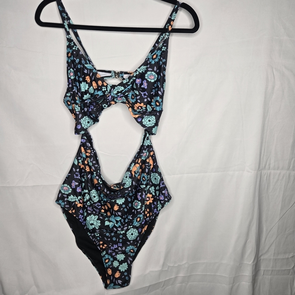 Amazon Floral Cutout One Piece Swimsuit - Black and Teal